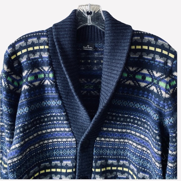 PAUL SMITH Men's Blue Fair-isle Wool/Cashmere Blend Shawl Collar Cardigan S - Picture 5 of 7